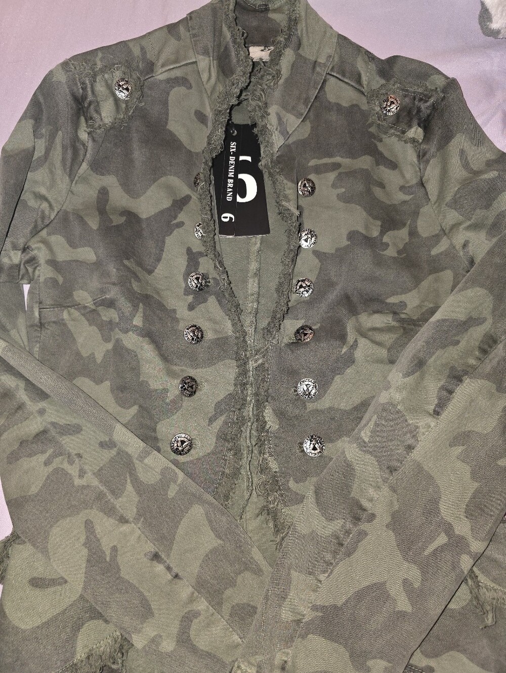 NWT Six Denim Brand Camo Military Jacket Medium Distressed Steampunk Moto